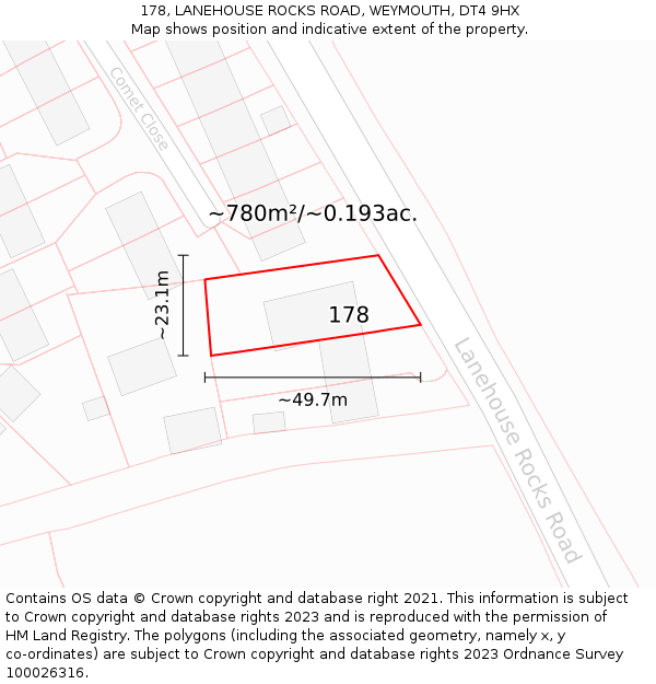 178, LANEHOUSE ROCKS ROAD, WEYMOUTH, DT4 9HX: Plot and title map