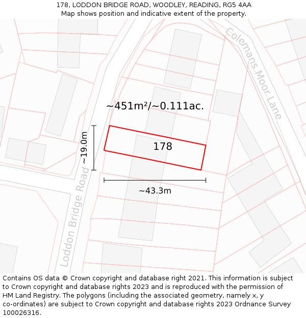 178, LODDON BRIDGE ROAD, WOODLEY, READING, RG5 4AA: Plot and title map