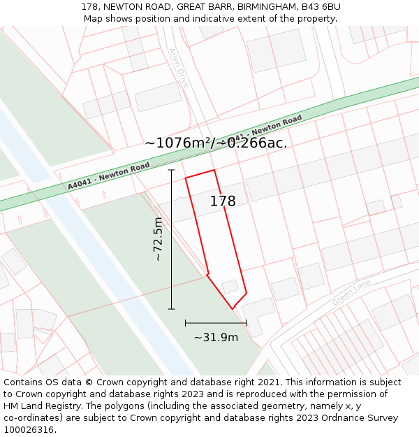 178, NEWTON ROAD, GREAT BARR, BIRMINGHAM, B43 6BU: Plot and title map