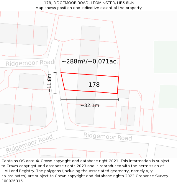 178, RIDGEMOOR ROAD, LEOMINSTER, HR6 8UN: Plot and title map