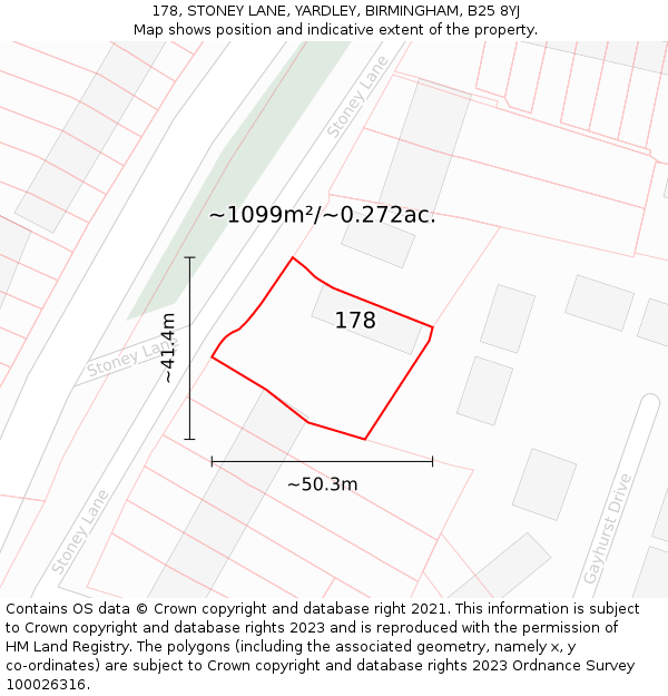 178, STONEY LANE, YARDLEY, BIRMINGHAM, B25 8YJ: Plot and title map