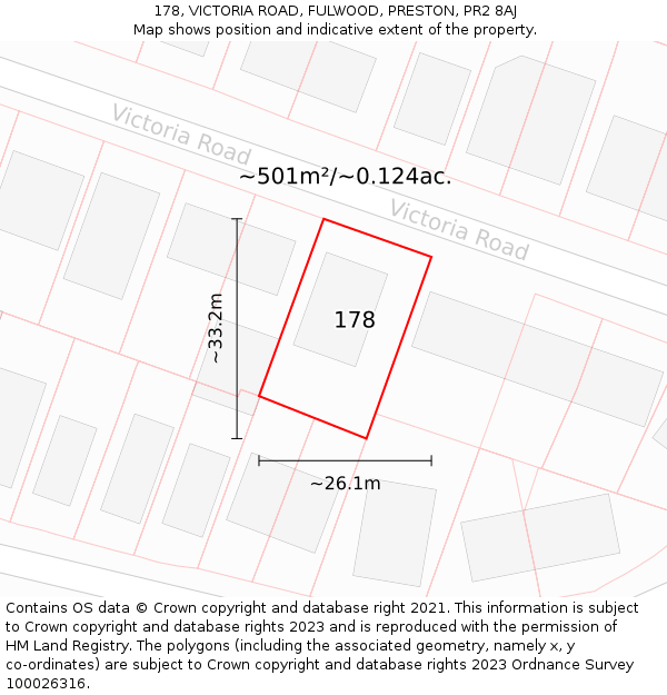 178, VICTORIA ROAD, FULWOOD, PRESTON, PR2 8AJ: Plot and title map