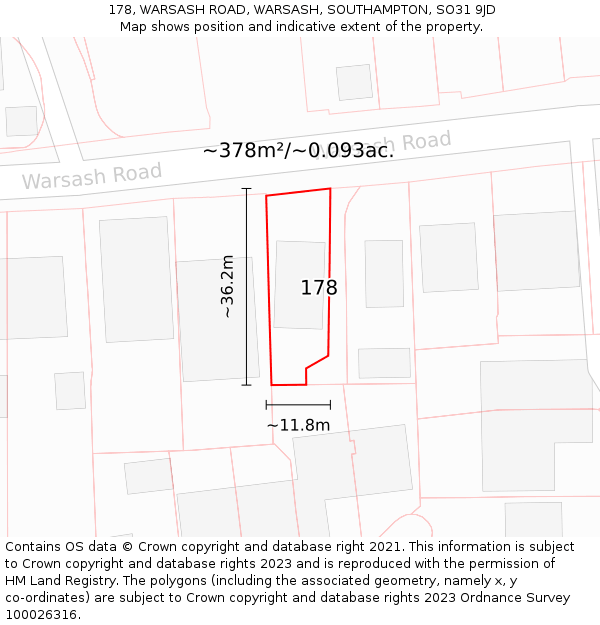 178, WARSASH ROAD, WARSASH, SOUTHAMPTON, SO31 9JD: Plot and title map