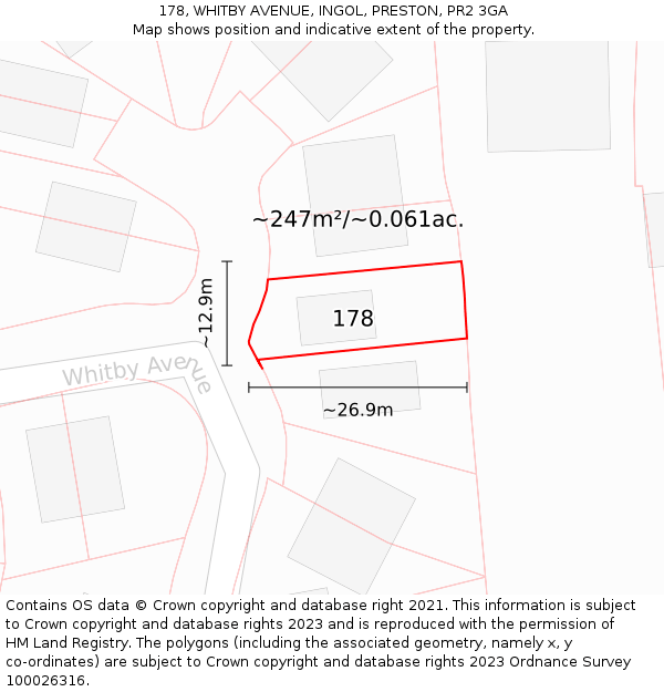 178, WHITBY AVENUE, INGOL, PRESTON, PR2 3GA: Plot and title map