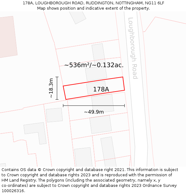 178A, LOUGHBOROUGH ROAD, RUDDINGTON, NOTTINGHAM, NG11 6LF: Plot and title map