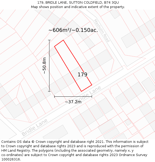 179, BRIDLE LANE, SUTTON COLDFIELD, B74 3QU: Plot and title map