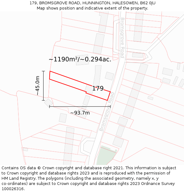 179, BROMSGROVE ROAD, HUNNINGTON, HALESOWEN, B62 0JU: Plot and title map