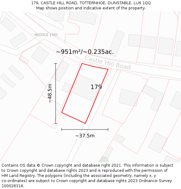 179, CASTLE HILL ROAD, TOTTERNHOE, DUNSTABLE, LU6 1QQ: Plot and title map