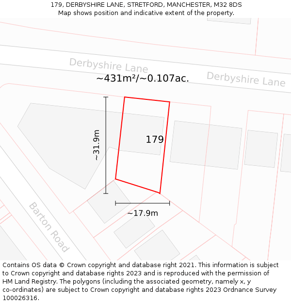 179, DERBYSHIRE LANE, STRETFORD, MANCHESTER, M32 8DS: Plot and title map