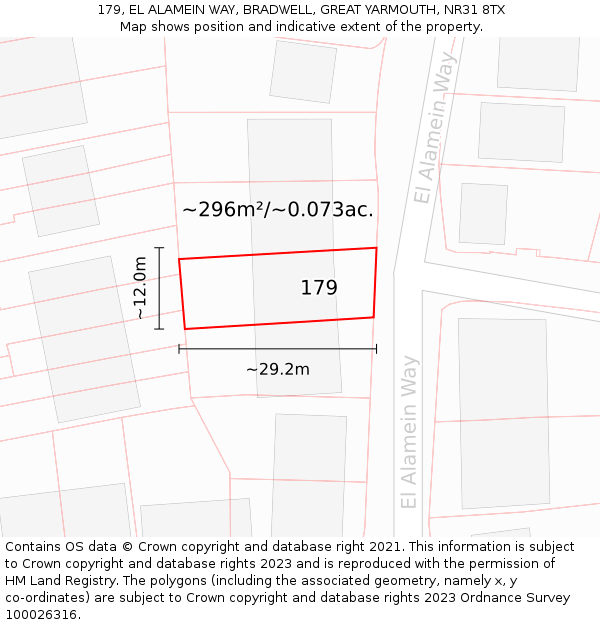 179, EL ALAMEIN WAY, BRADWELL, GREAT YARMOUTH, NR31 8TX: Plot and title map