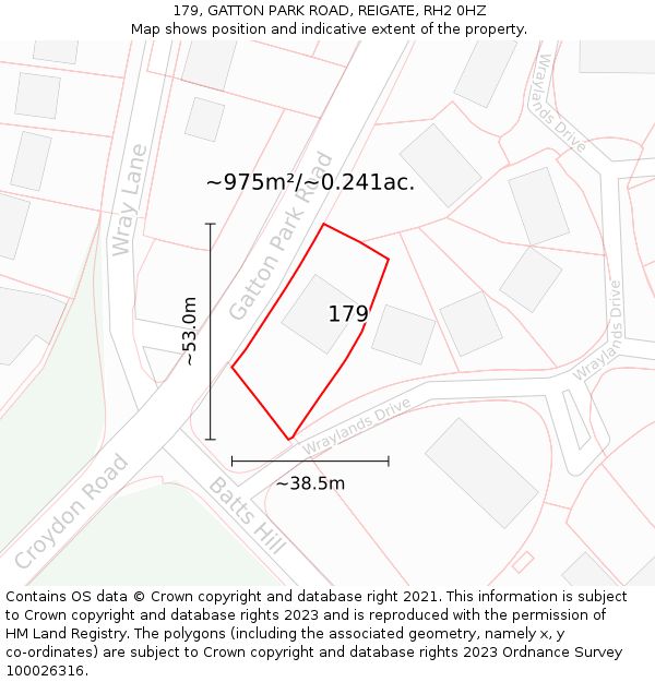 179, GATTON PARK ROAD, REIGATE, RH2 0HZ: Plot and title map