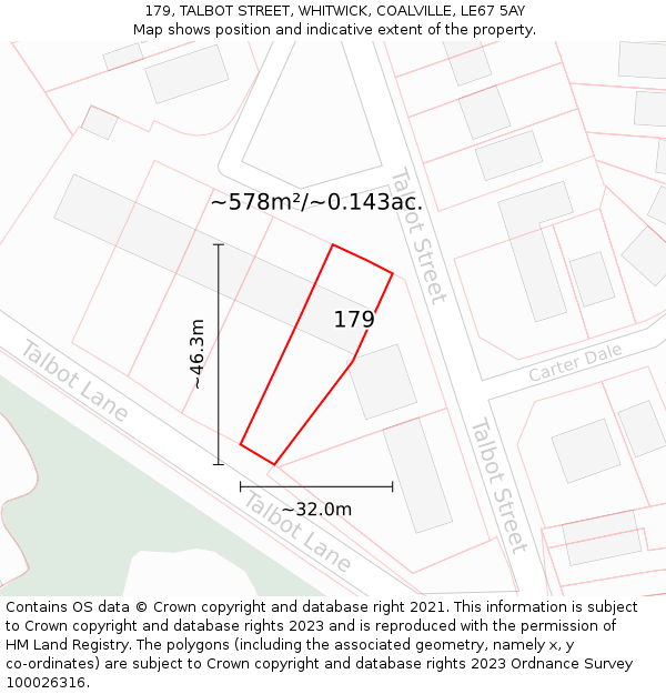 179, TALBOT STREET, WHITWICK, COALVILLE, LE67 5AY: Plot and title map