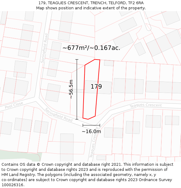 179, TEAGUES CRESCENT, TRENCH, TELFORD, TF2 6RA: Plot and title map