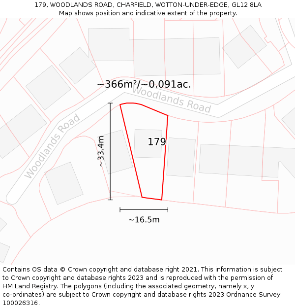 179, WOODLANDS ROAD, CHARFIELD, WOTTON-UNDER-EDGE, GL12 8LA: Plot and title map