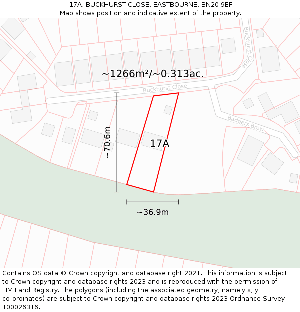 17A, BUCKHURST CLOSE, EASTBOURNE, BN20 9EF: Plot and title map