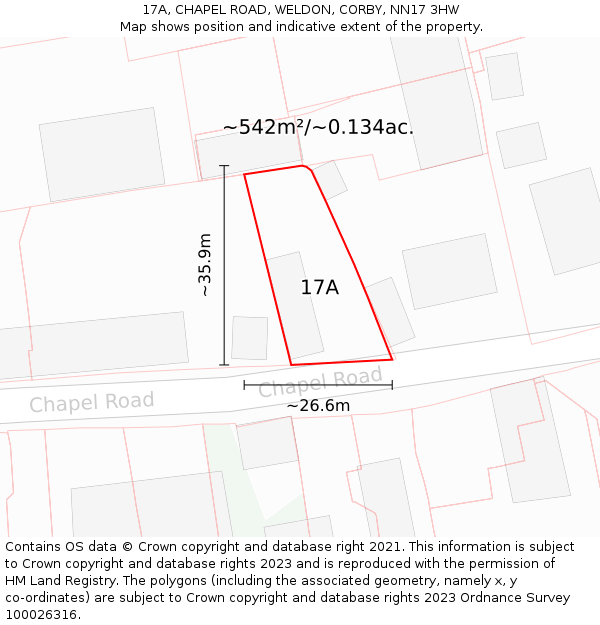 17A, CHAPEL ROAD, WELDON, CORBY, NN17 3HW: Plot and title map