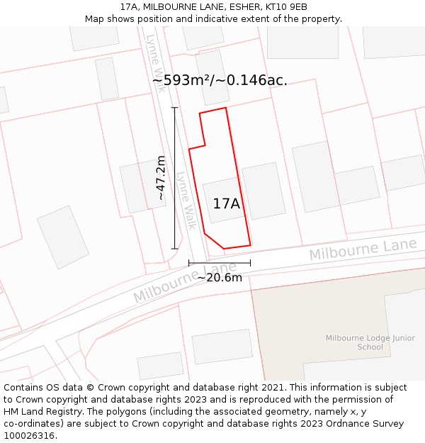 17A, MILBOURNE LANE, ESHER, KT10 9EB: Plot and title map