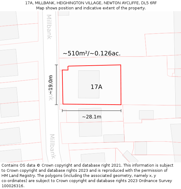 17A, MILLBANK, HEIGHINGTON VILLAGE, NEWTON AYCLIFFE, DL5 6RF: Plot and title map