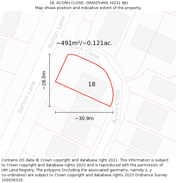 18, ACORN CLOSE, GRANTHAM, NG31 9JN: Plot and title map