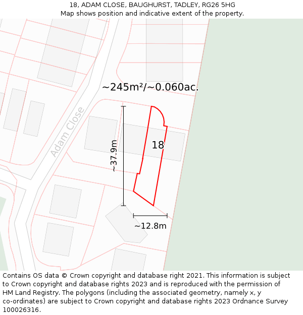 18, ADAM CLOSE, BAUGHURST, TADLEY, RG26 5HG: Plot and title map