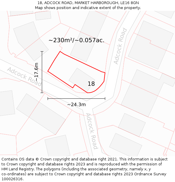 18, ADCOCK ROAD, MARKET HARBOROUGH, LE16 8GN: Plot and title map