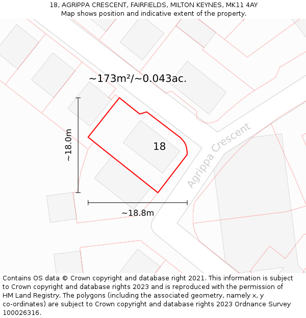 18, AGRIPPA CRESCENT, FAIRFIELDS, MILTON KEYNES, MK11 4AY: Plot and title map