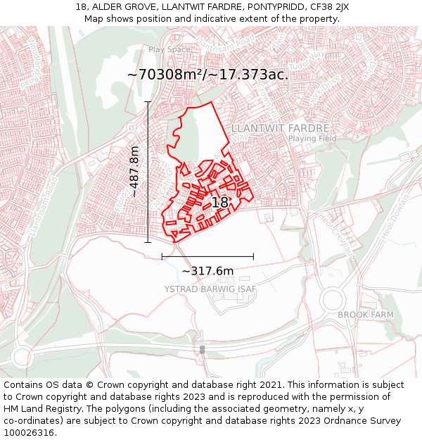 18, ALDER GROVE, LLANTWIT FARDRE, PONTYPRIDD, CF38 2JX: Plot and title map