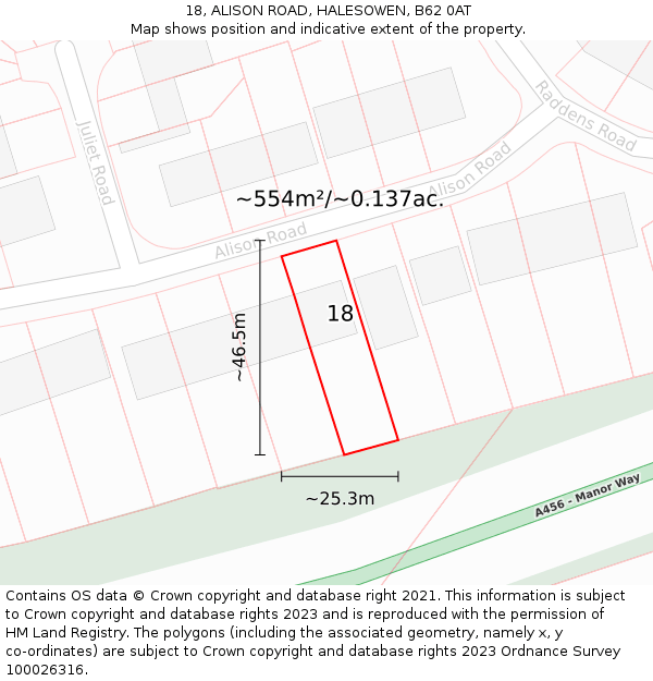 18, ALISON ROAD, HALESOWEN, B62 0AT: Plot and title map