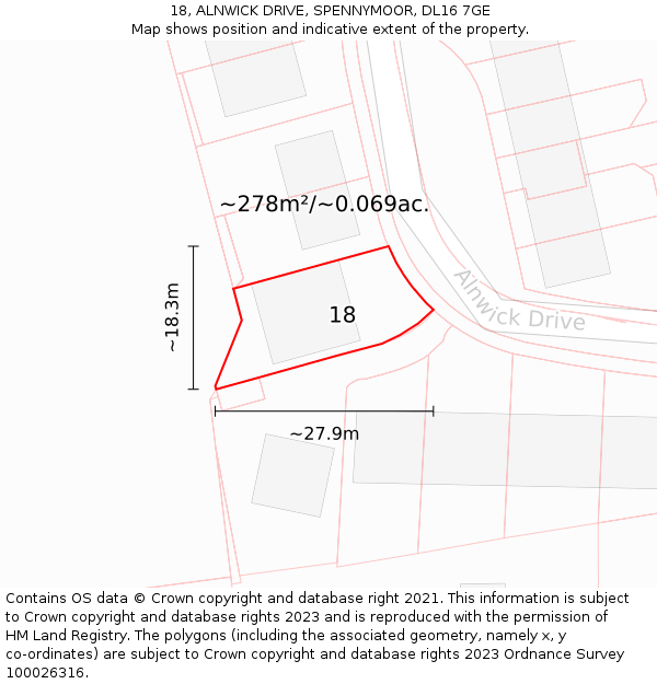 18, ALNWICK DRIVE, SPENNYMOOR, DL16 7GE: Plot and title map