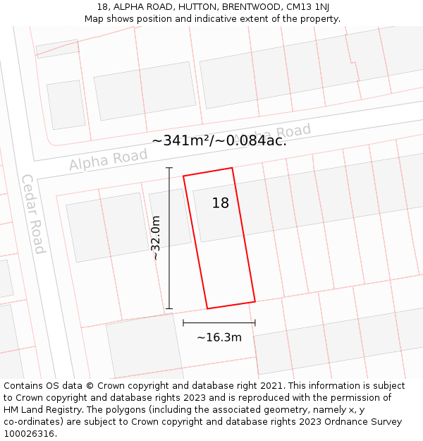 18, ALPHA ROAD, HUTTON, BRENTWOOD, CM13 1NJ: Plot and title map