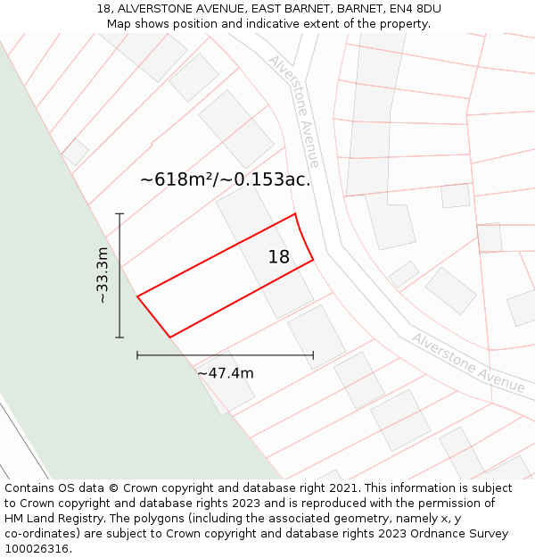 18, ALVERSTONE AVENUE, EAST BARNET, BARNET, EN4 8DU: Plot and title map