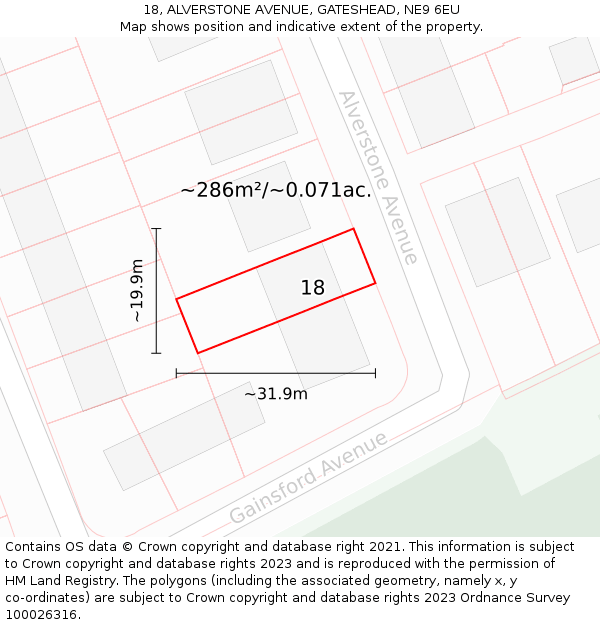 18, ALVERSTONE AVENUE, GATESHEAD, NE9 6EU: Plot and title map