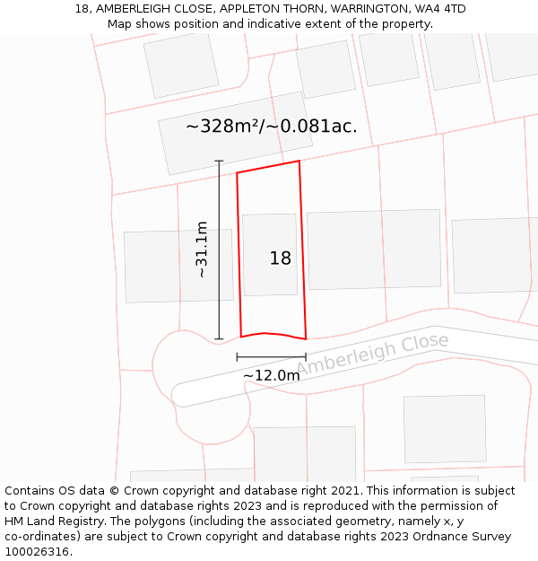 18, AMBERLEIGH CLOSE, APPLETON THORN, WARRINGTON, WA4 4TD: Plot and title map