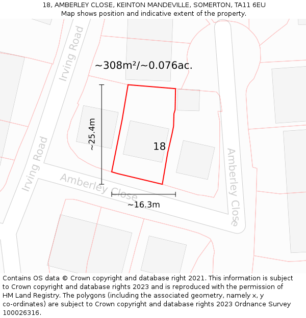 18, AMBERLEY CLOSE, KEINTON MANDEVILLE, SOMERTON, TA11 6EU: Plot and title map