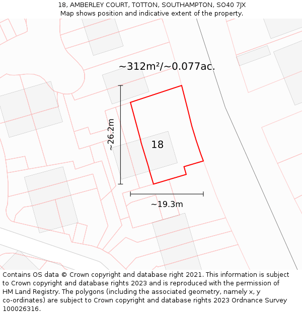 18, AMBERLEY COURT, TOTTON, SOUTHAMPTON, SO40 7JX: Plot and title map