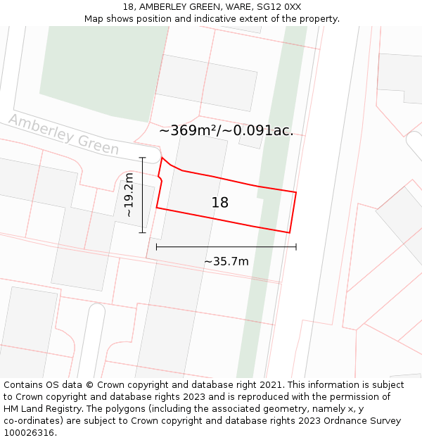 18, AMBERLEY GREEN, WARE, SG12 0XX: Plot and title map