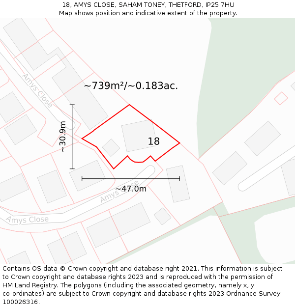 18, AMYS CLOSE, SAHAM TONEY, THETFORD, IP25 7HU: Plot and title map