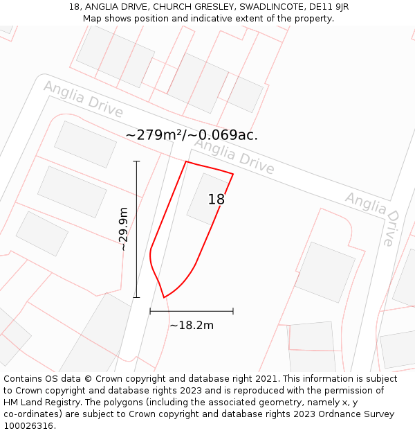 18, ANGLIA DRIVE, CHURCH GRESLEY, SWADLINCOTE, DE11 9JR: Plot and title map