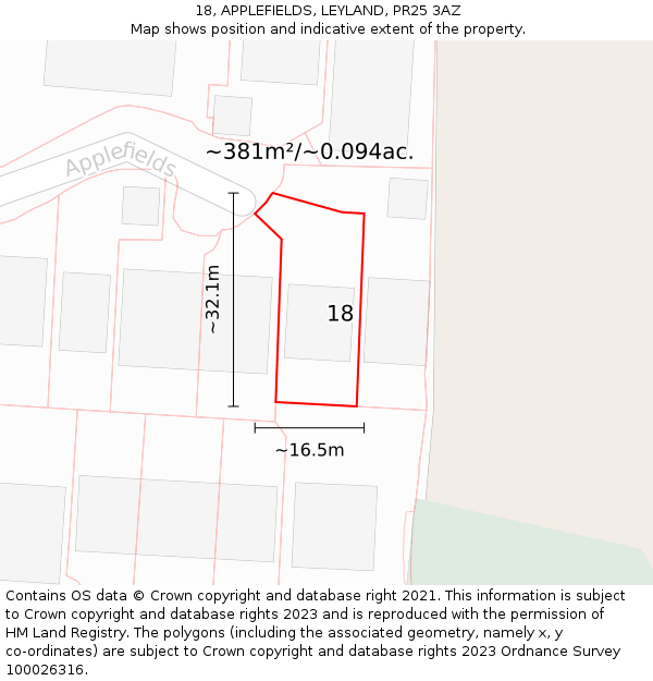 18, APPLEFIELDS, LEYLAND, PR25 3AZ: Plot and title map