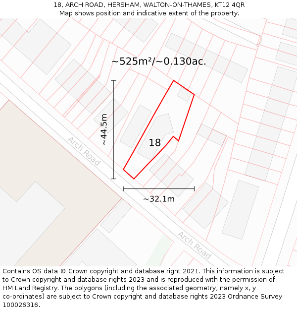 18, ARCH ROAD, HERSHAM, WALTON-ON-THAMES, KT12 4QR: Plot and title map