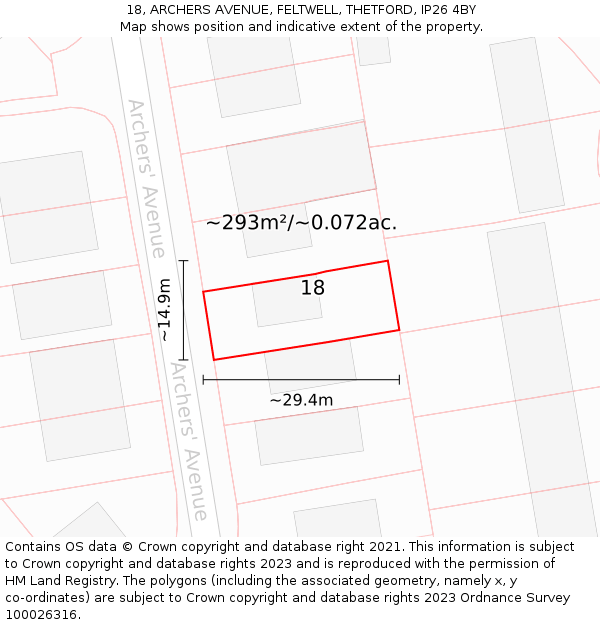 18, ARCHERS AVENUE, FELTWELL, THETFORD, IP26 4BY: Plot and title map