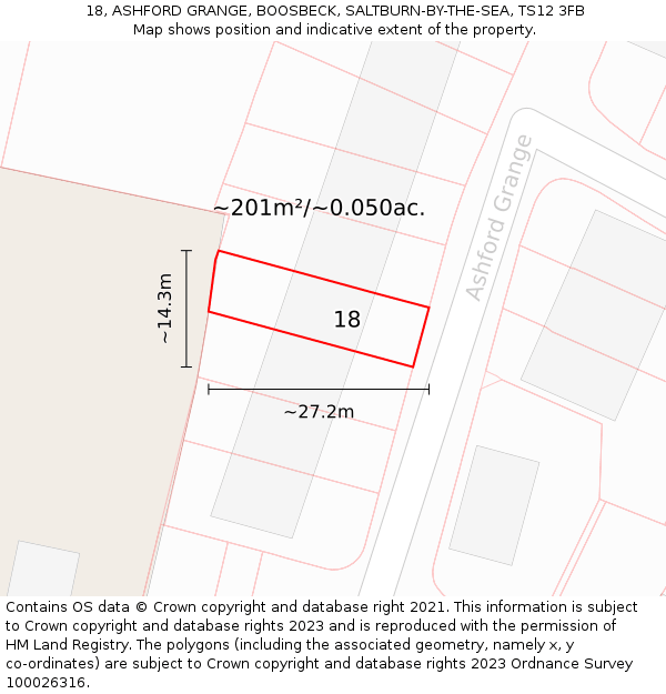 18, ASHFORD GRANGE, BOOSBECK, SALTBURN-BY-THE-SEA, TS12 3FB: Plot and title map