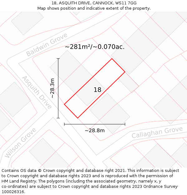 18, ASQUITH DRIVE, CANNOCK, WS11 7GG: Plot and title map