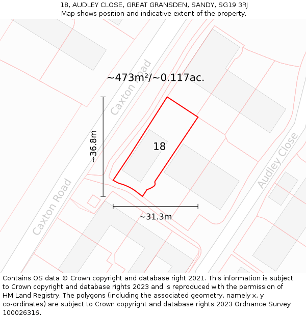 18, AUDLEY CLOSE, GREAT GRANSDEN, SANDY, SG19 3RJ: Plot and title map
