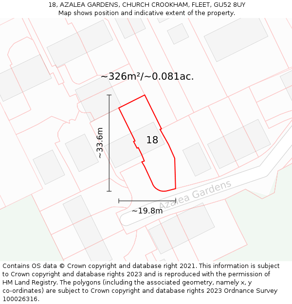 18, AZALEA GARDENS, CHURCH CROOKHAM, FLEET, GU52 8UY: Plot and title map