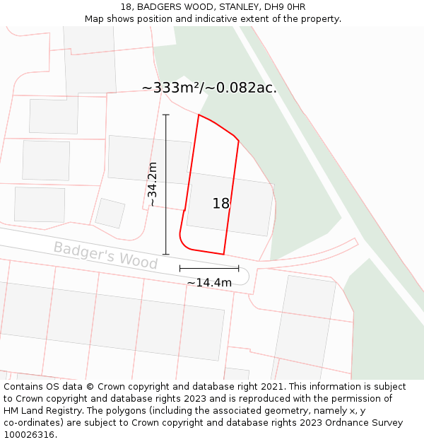 18, BADGERS WOOD, STANLEY, DH9 0HR: Plot and title map