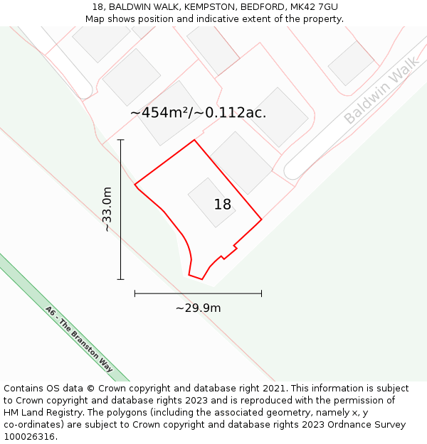 18, BALDWIN WALK, KEMPSTON, BEDFORD, MK42 7GU: Plot and title map