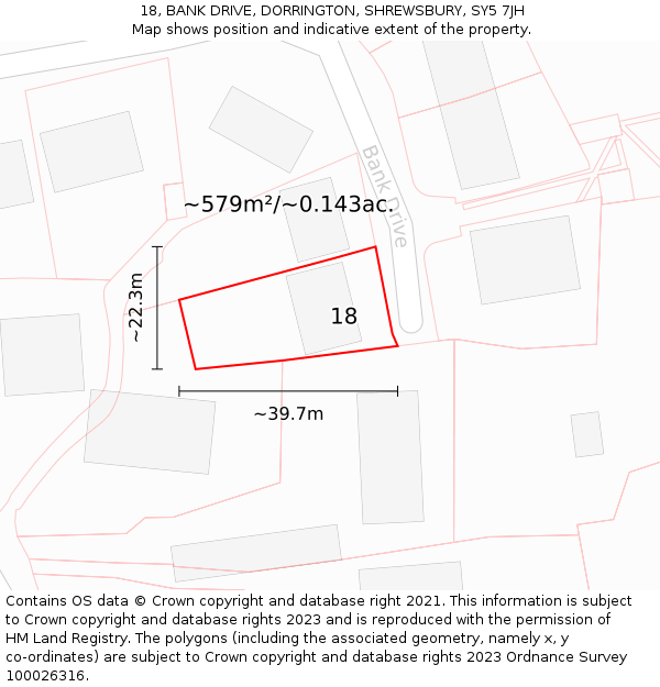 18, BANK DRIVE, DORRINGTON, SHREWSBURY, SY5 7JH: Plot and title map