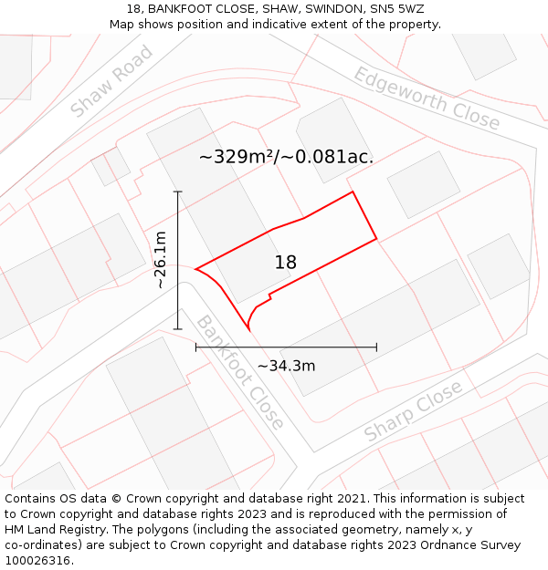 18, BANKFOOT CLOSE, SHAW, SWINDON, SN5 5WZ: Plot and title map