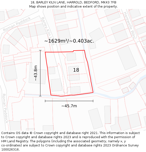 18, BARLEY KILN LANE, HARROLD, BEDFORD, MK43 7FB: Plot and title map